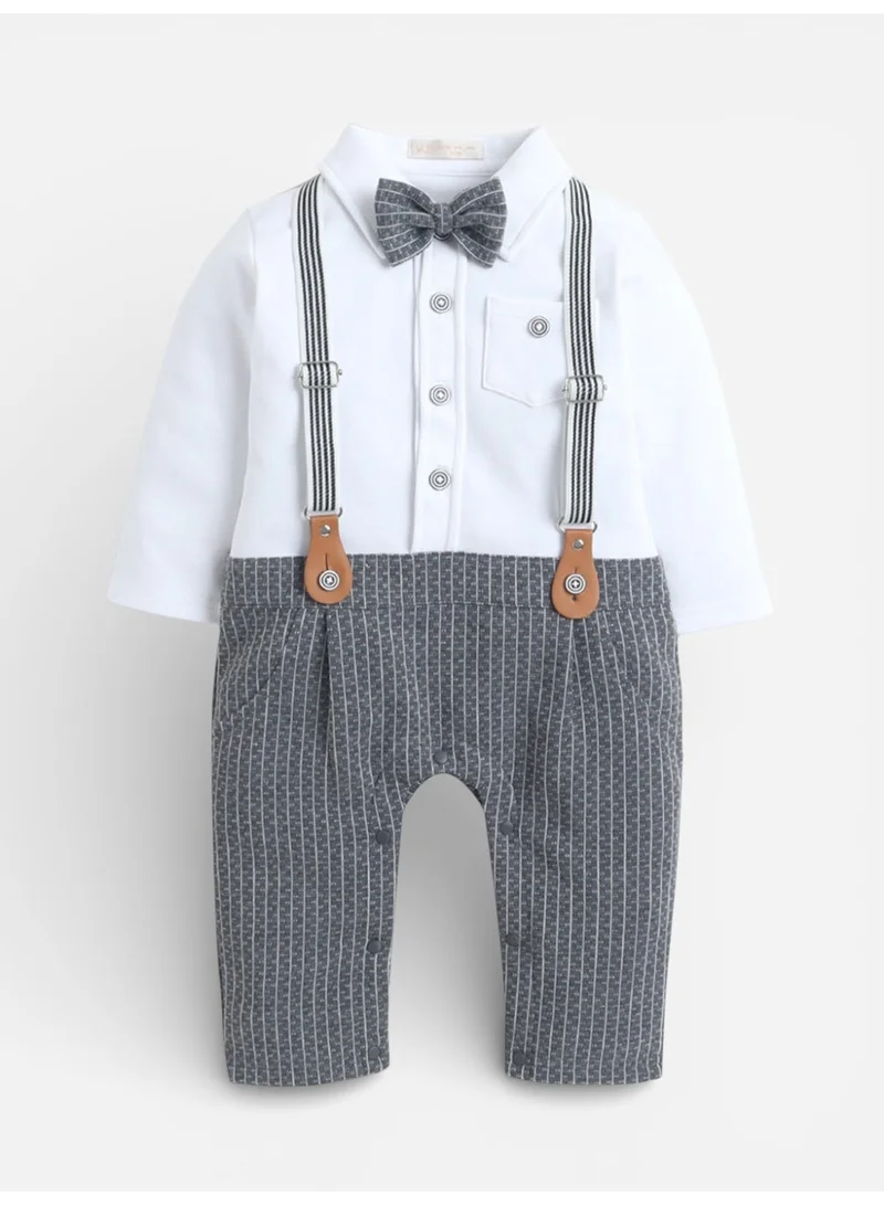 victor and jane Infant Boys’ Shirt, Bow Tie & Suspenders Mock Romper 3 Pc Set
